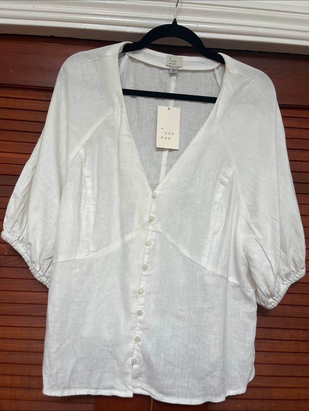 a new day White V-Neck Button Front Linen Blouse